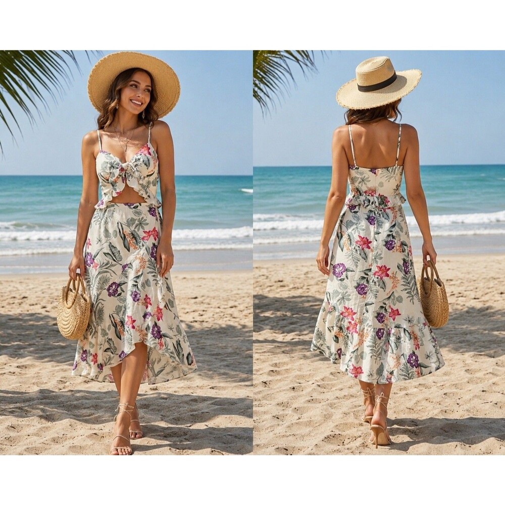 (M3) WAYF  Dress Womens Mahari Beige Floral Print Cut Out Ruffle Midi,Sz S